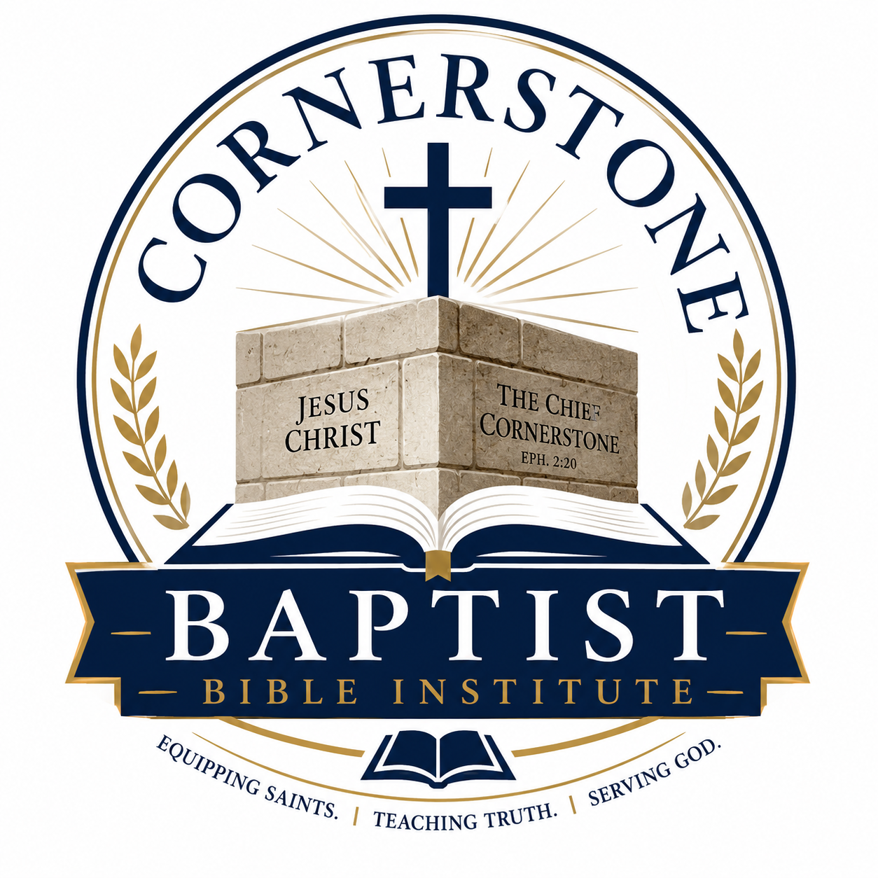 Cornerstone Bible Institute seal: the cross, the chief cornerstone, and an open Bible